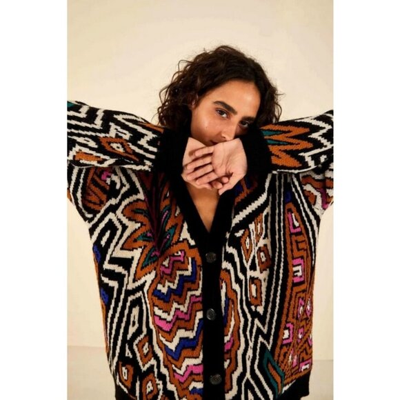 💕FARM RIO💕 Caramel Tropical Stripes Cardigan ~ Tropical Stripes Print XL NWT - Picture 1 of 16